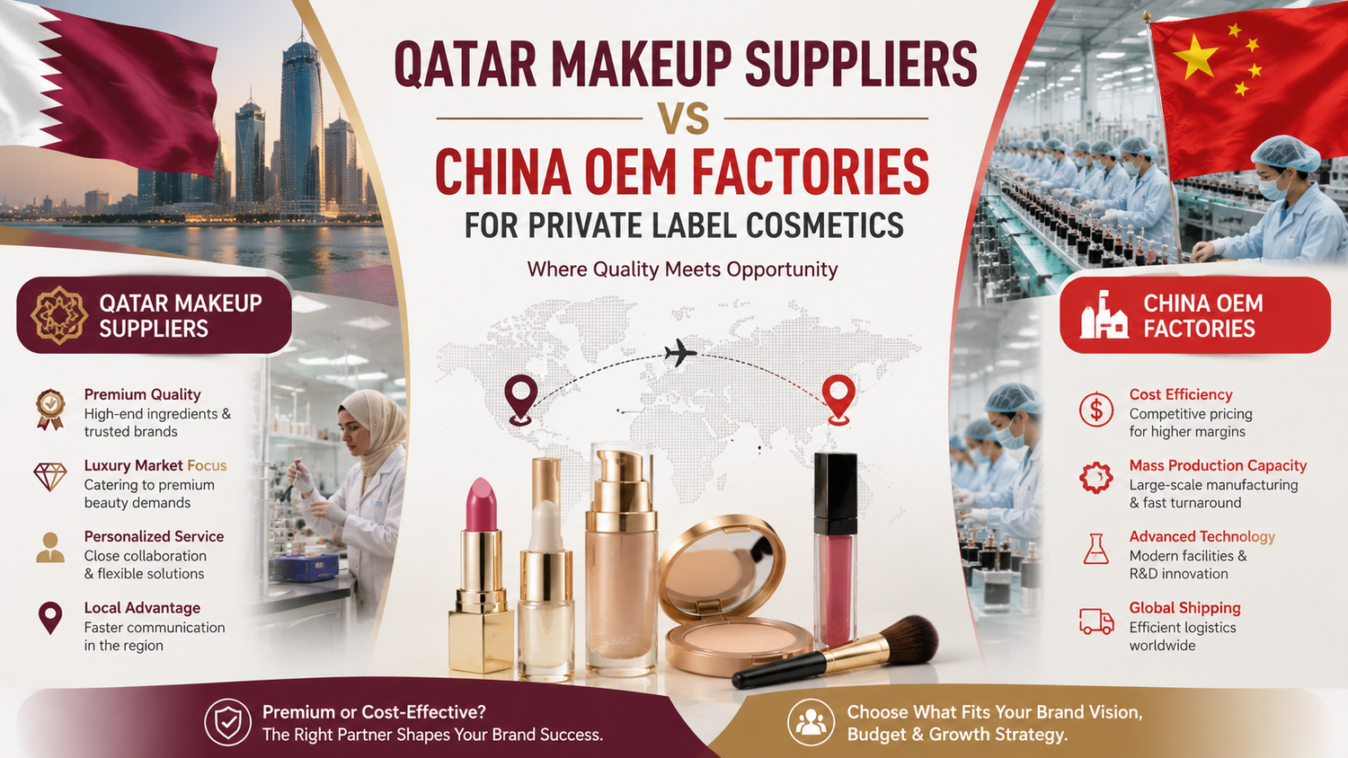 Qatar makeup suppliers vs China OEM factories for private label cosmetics
