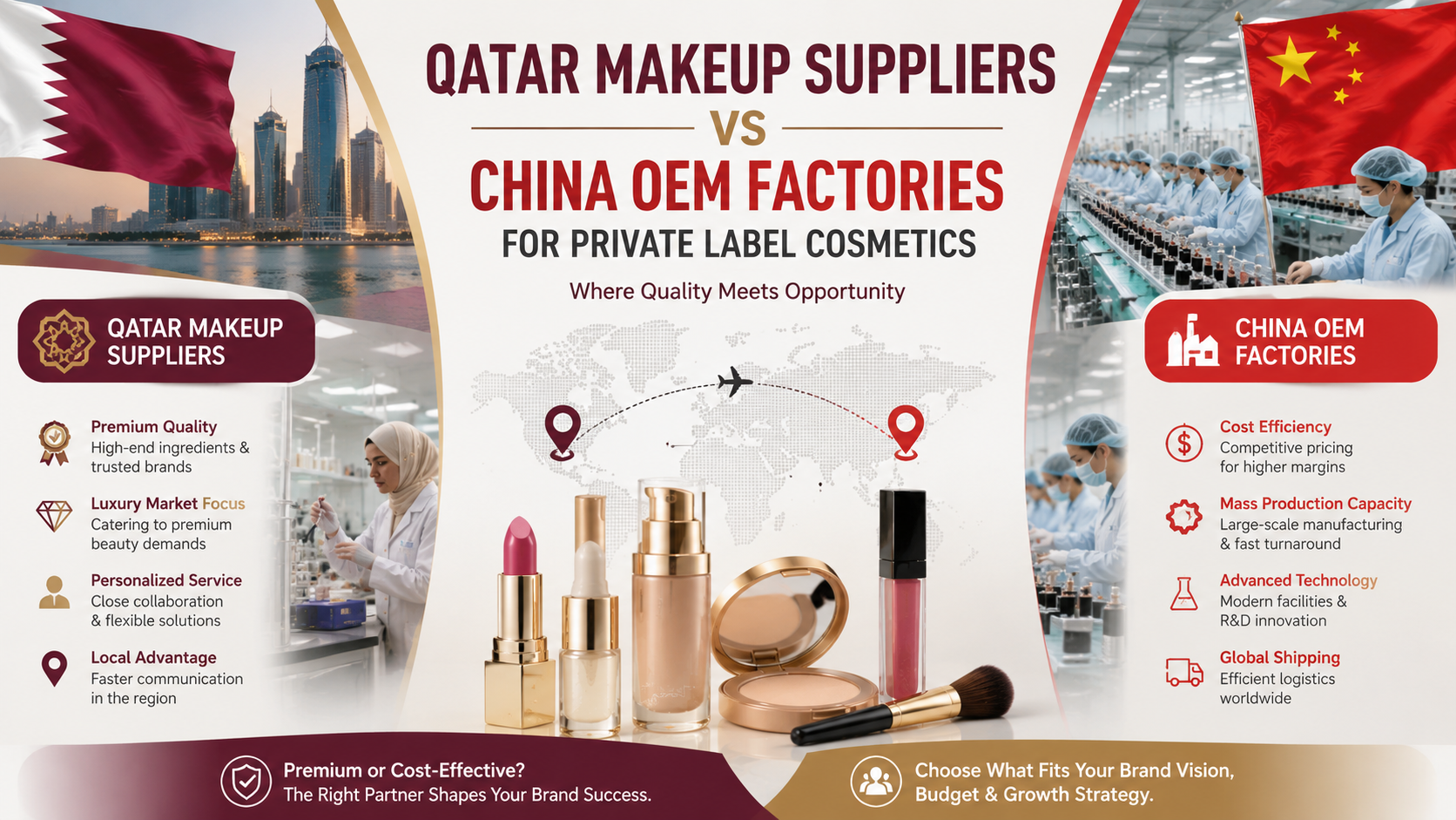 Qatar makeup suppliers vs China OEM factories for private label cosmetics