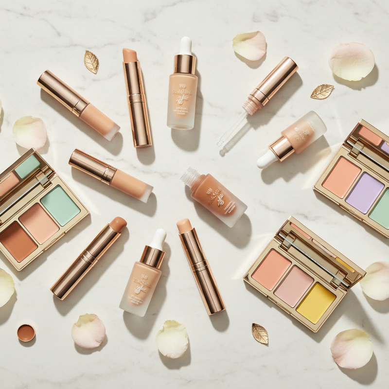 A flat-lay arrangement of multiple makeup products from the brand Fenty Beauty on a white marble surface, surrounded by scattered rose petals. The products include eyeshadow palettes, liquid foundations, lip glosses, and a brow pomade, all in rose gold packaging with various pastel and neutral shades.