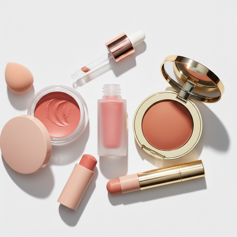 A flat-lay collection of six pink and peach cosmetic products, including a liquid blush, cream lip gloss, liquid lipstick, and compacts, arranged on a clean white background with soft shadows.