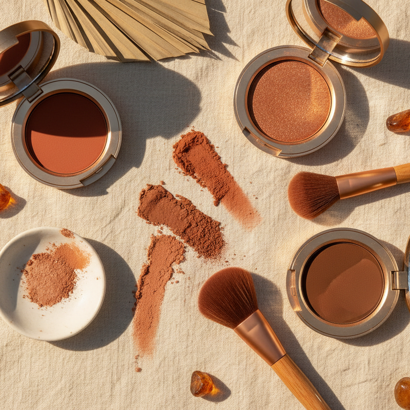 An overhead flat-lay of several open makeup compacts with warm-toned pressed powders, two makeup brushes, and powder smears on a light fabric background with decorative dried leaves and amber-like stones.